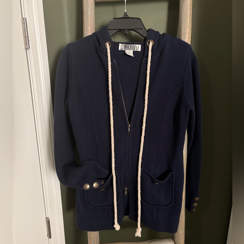 Curio Navy Women's Hooded Hoodie Zip Up Jacket Sweater Rope Strings and Brass S